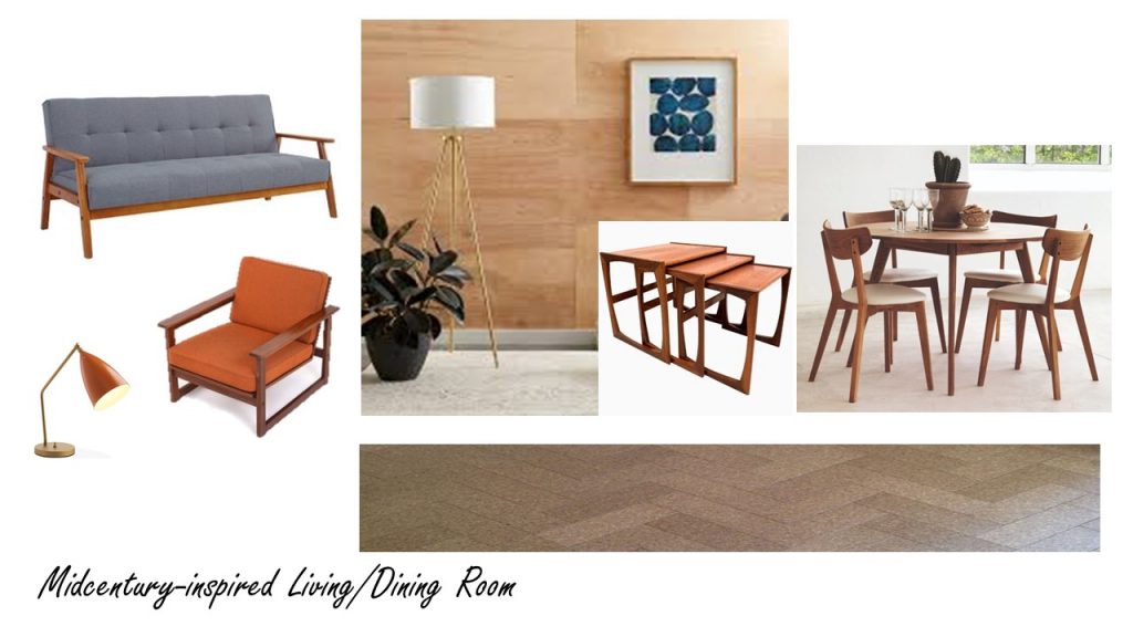 interior design consultation services, mood board of mid century inspired living room